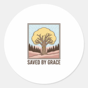 Sticker Rond Conçu par Saved by Grace Christian Tree Vintage Sh