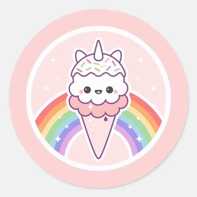 Sticker Rond Cône de crème glacée rose Unicorne (Devant)