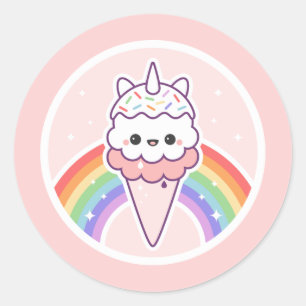 Sticker Rond Cône de crème glacée rose Unicorne