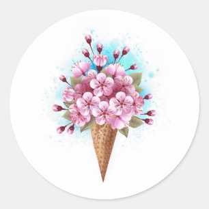 Sticker Rond Cône rose Sakura crème glacée gaufre