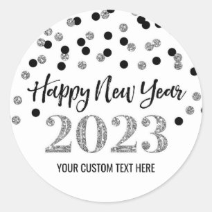 Sticker Rond Confetti d'argent noir Bonne année 2023
