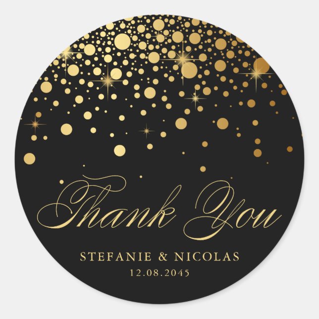 Sticker Rond Confetti Gold Foil Mariage noir Merci (Devant)