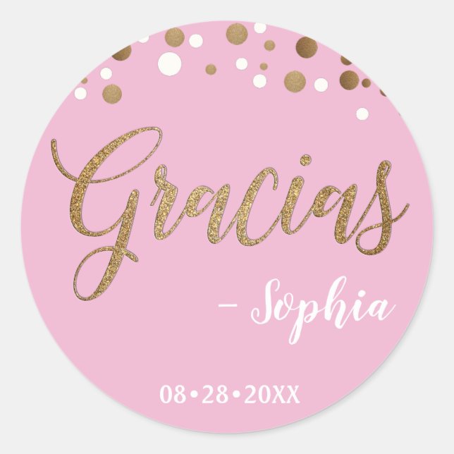 Sticker Rond Confetti Gracias Merci rose et or (Devant)