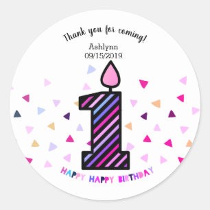 Sticker Rond Confetti rayé rose pourpre 1er anniversaire fille