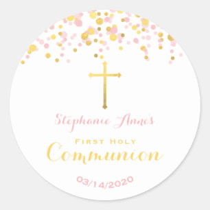 Sticker Rond Confetti rose et or communion