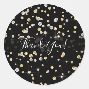 Sticker Rond Confettis Noir avec Strass de Diamants en Or et Ar