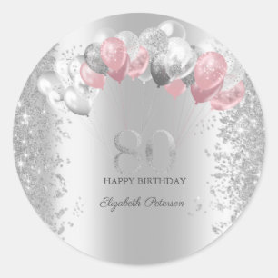 Sticker Rond Confettis Pailletés Argent Ballons Rose Argent 80
