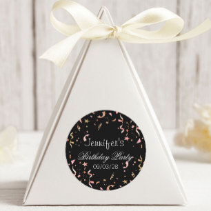 Sticker Rond Confettis Pailletés Rose et Or sur Fond Noir