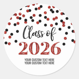 Sticker Rond Confettis Rouges et Noirs Graduation 2026