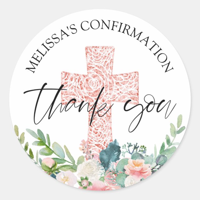 Sticker Rond Confirmation Aquarelle Merci Floral rose (Devant)