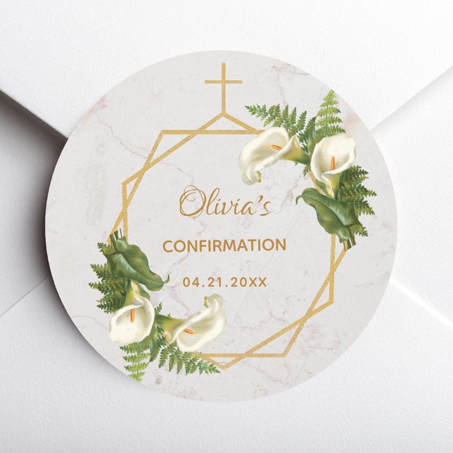 Sticker Rond Confirmation Calla Lilies Fern Floral Gold Marble (Créateur téléchargé)