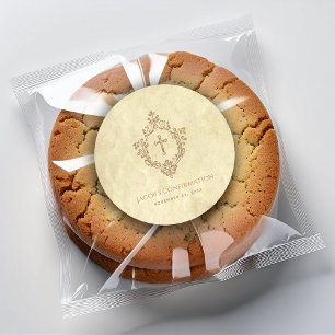 Sticker Rond Confirmation Croix de Crest en Vieux Parchemin 