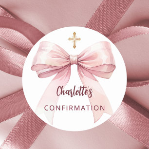 Sticker Rond Confirmation croix de fille arc rose