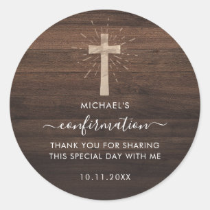 Sticker Rond Confirmation de croix de bois rustique personnalis