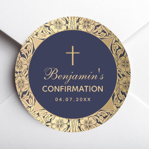 Sticker Rond Confirmation du garçon Gold Vintage Roses Marine B