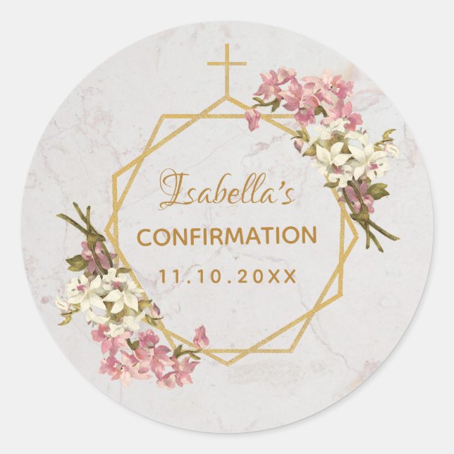 Sticker Rond Confirmation Floral Gold Cross Pink Orchids Marble (Devant)