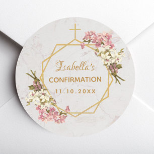 Sticker Rond Confirmation Floral Gold Cross Pink Orchids Marble