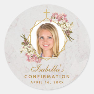 Sticker Rond Confirmation Girl Photo Orchidées roses Marbre d'o