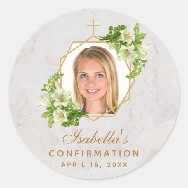 Sticker Rond Confirmation Girl Photo White Lys Marble Gold (Devant)