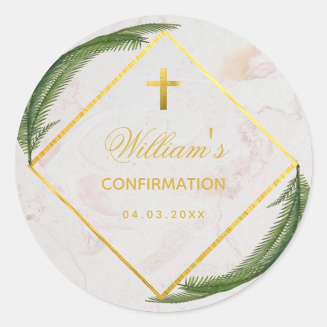 Sticker Rond Confirmation Green Fern Faux Gold Marble Elégant (Devant)