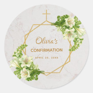 Sticker Rond Confirmation Lys blancs Marbre Gold Cross Floral