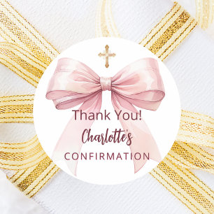 Sticker Rond Confirmation ruban rose fille croix merci