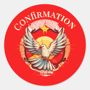Sticker Rond Confirmation White Dove Red Flamed