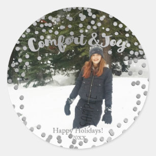 Sticker Rond Confort et joie Silver Holiday Photo de Noël