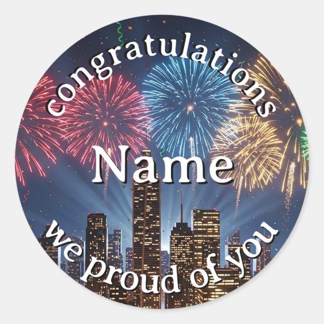 Sticker Rond Congratulations Custom Name Fireworks City Skyline (Devant)