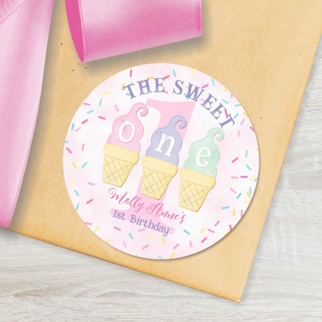 Sticker Rond Conne de glace rose Pois 1er anniversaire fille (Créateur téléchargé)