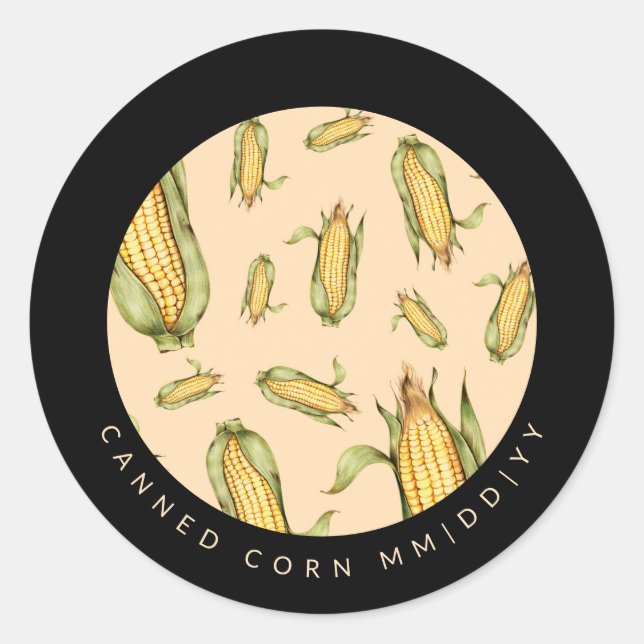 Sticker Rond Conserve | Maïs en conserve | Date | Épi de maïs (Devant)
