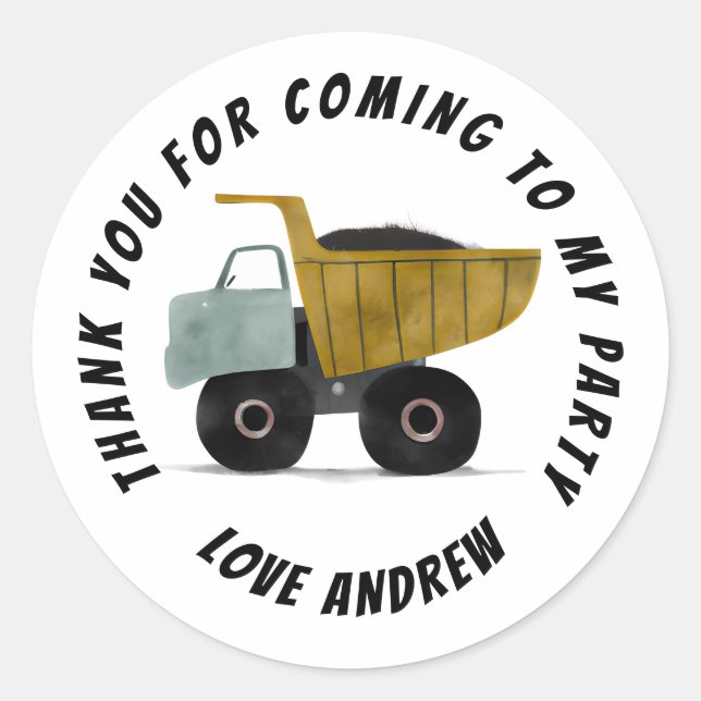 Sticker Rond Construction Camion Merci Anniversaire Favoriser (Devant)