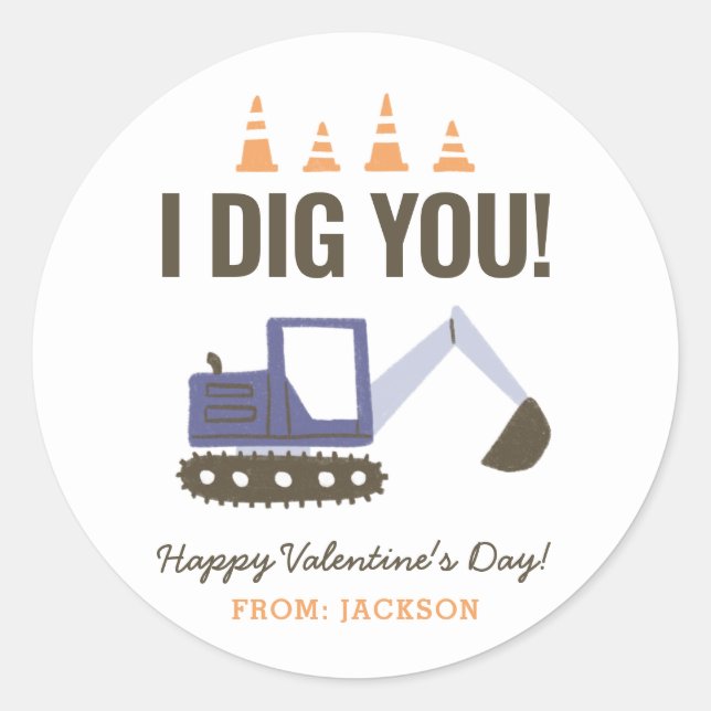 Sticker Rond Construction Excavateur Enfants Classe Valentine (Devant)