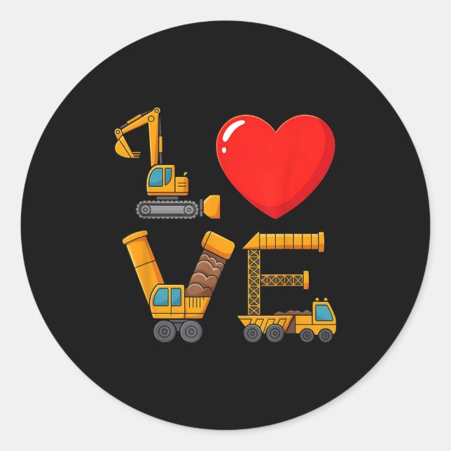 Sticker Rond Construction Valentine Love Spelled With Trucks Ex (Devant)