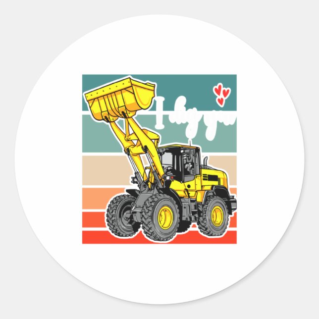 Sticker Rond Construction Vehicles Valentines Hearts Excavator  (Devant)