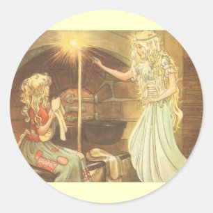 Sticker Rond Conte de fée vintage, Cendrillon et mère de fée