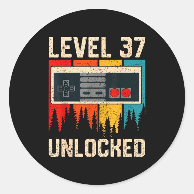Sticker Rond Contrôleur de jeu vidéo Niveau 37 débloqué Anniver (Devant)