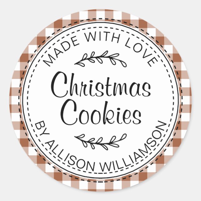 Sticker Rond Cookies de Noël maison rustiques TerraCotta Check (Devant)