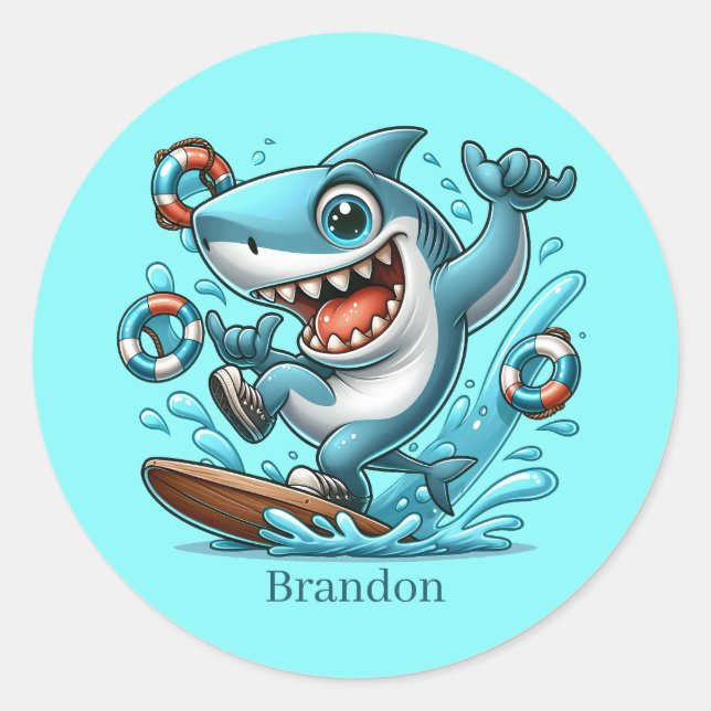 Sticker Rond Cool Amateurs de requin de plage surf ajouter le n (Devant)