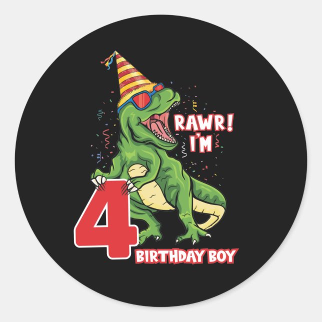 Sticker Rond cool Anniversaire dinosaure garçons âge quatre (Devant)