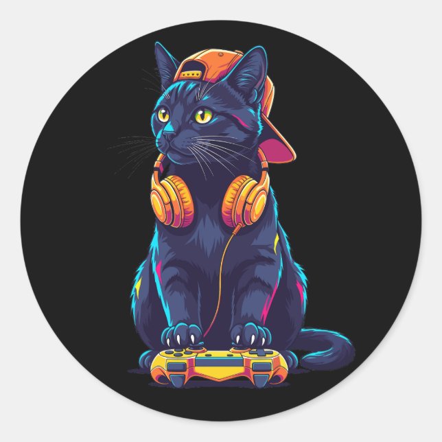 Sticker Rond Cool Black Cat Gamer Halloween Design Éffrayant (Devant)