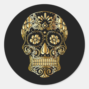 Sticker Rond Cool Black & Gold Sugar Skull Day of the Dead