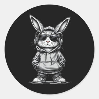Sticker Rond Cool Bunny Face Avec Sungles Casques Bunny Est