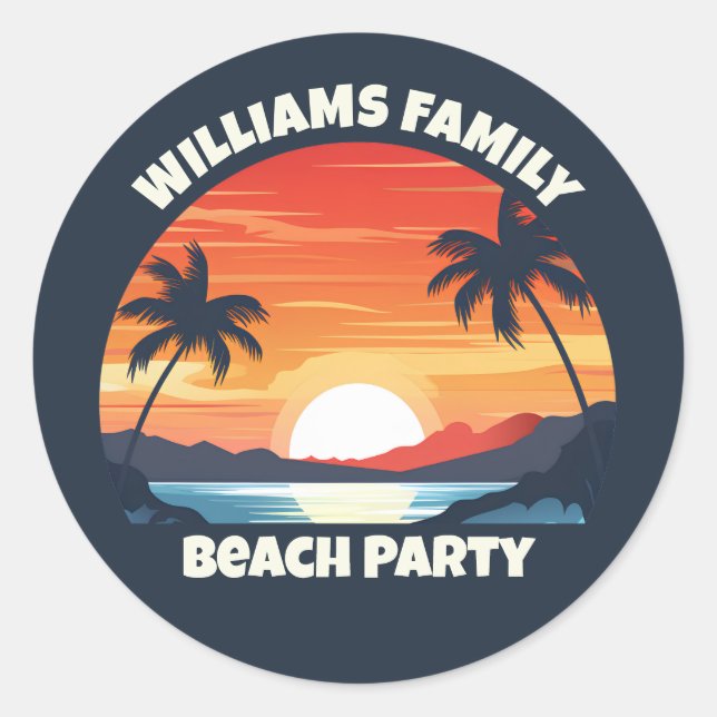Sticker Rond Cool Custom Sunrise Palm Trees Beach Party Blue (Devant)