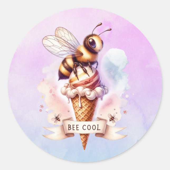 Sticker Rond Cool d'abeilles - Abeille mignonne sur le cône de  (Devant)