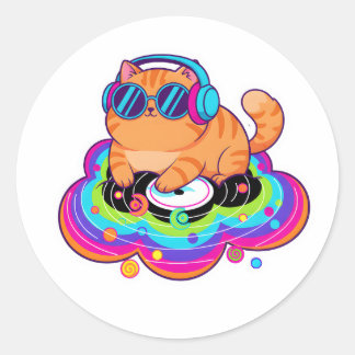 Sticker Rond Cool DJ Chat Orange avec Casque sur Nuage Arc-en-C