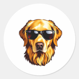 Sticker Rond Cool Dog Wearing Sunglasses Golden Retriever