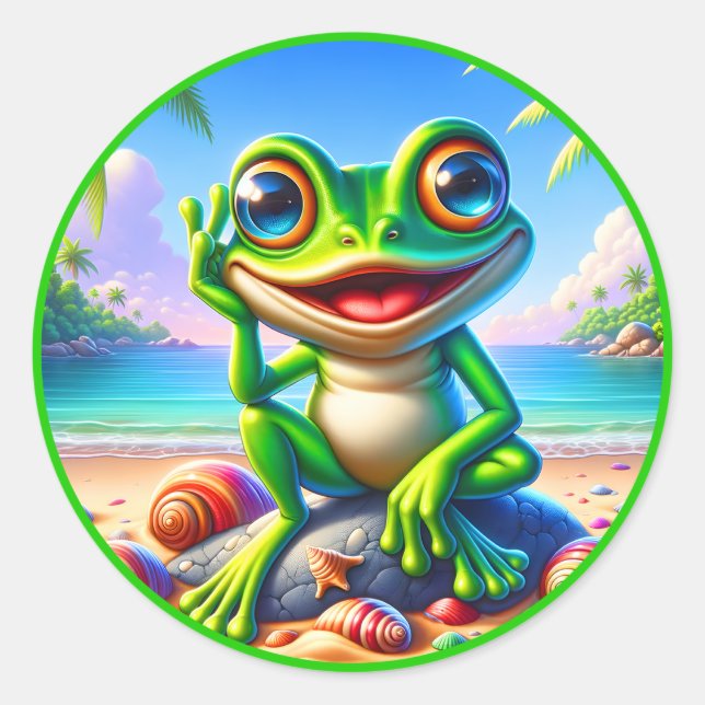 Sticker Rond Cool Été amoureux de grenouille plage Classique (Devant)