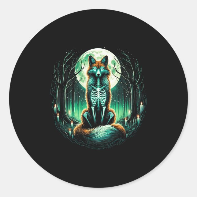 Sticker Rond Cool Fox Skeleton Halloween Christmas Birthday  (Devant)
