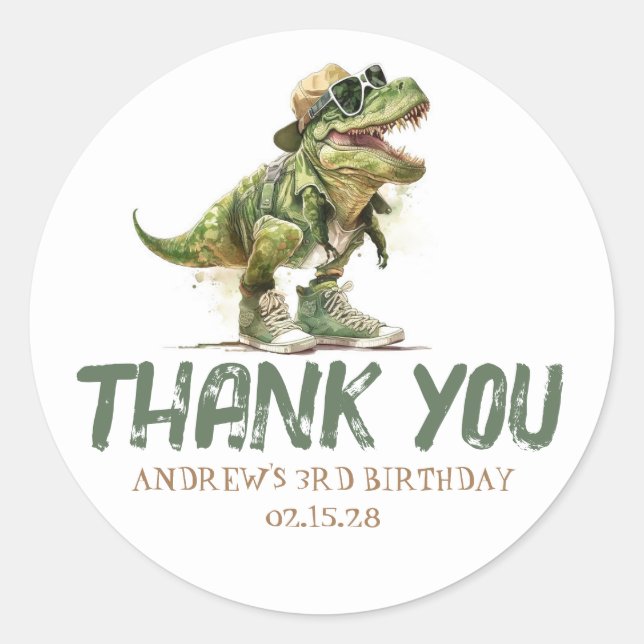 Sticker Rond Cool Fun Dinosaur Rex Anniversaire Merci (Devant)